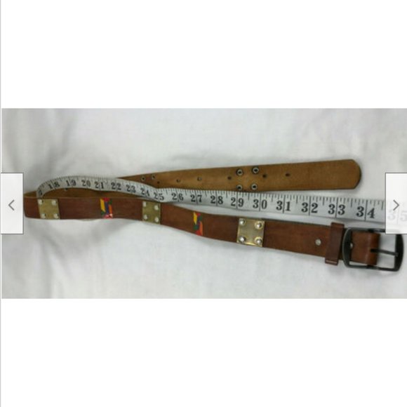 Leather Belt w/ Brass Plate Accent & Painted Design Ladies Small 35" - Picture 6 of 8